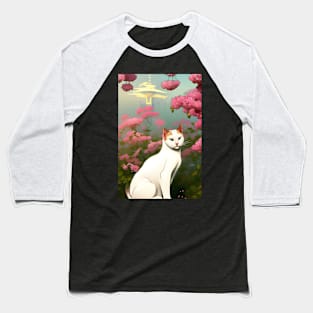 Anime White Cat Surrounded by Flowers Tokyo Background Baseball T-Shirt